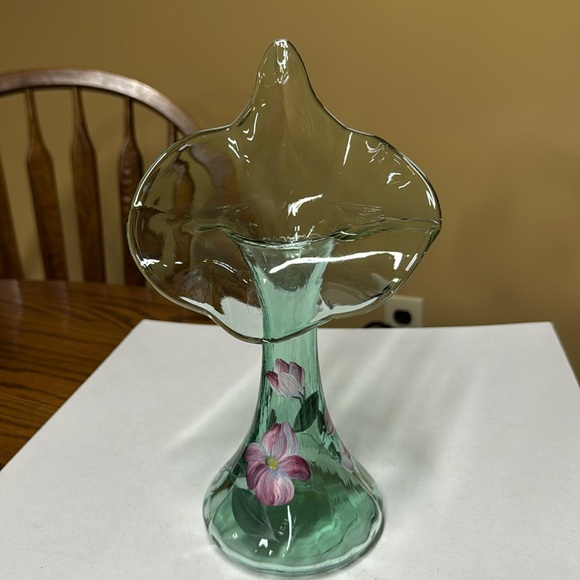 FENTON Sea Mist Tulip Vase Jack In Pulpit Hand Painted Signed L Everson